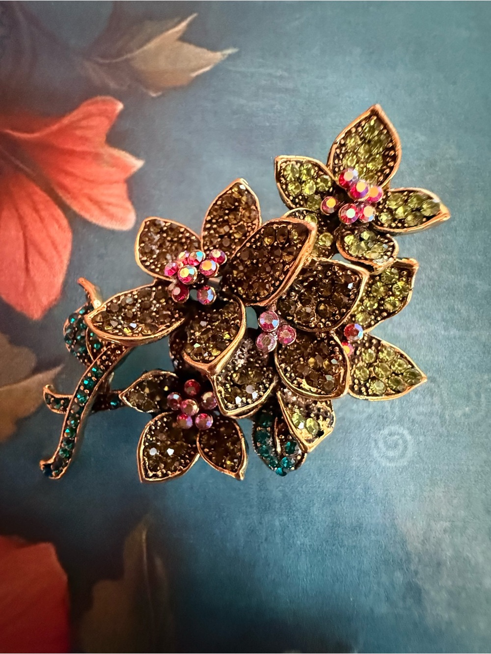 Floral Crystal Statement Brooch in Olive Green and Pink